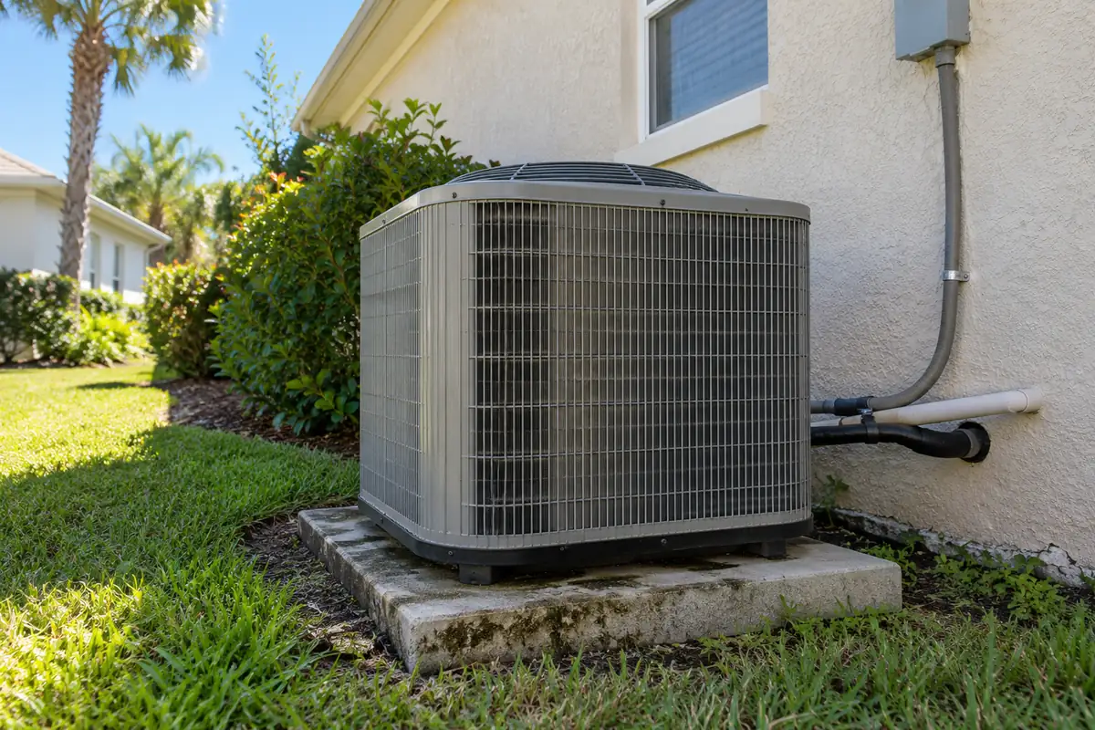 Condenser on pavers beside a house, with lawn and a palm tree, ac installation in Memphis, TN