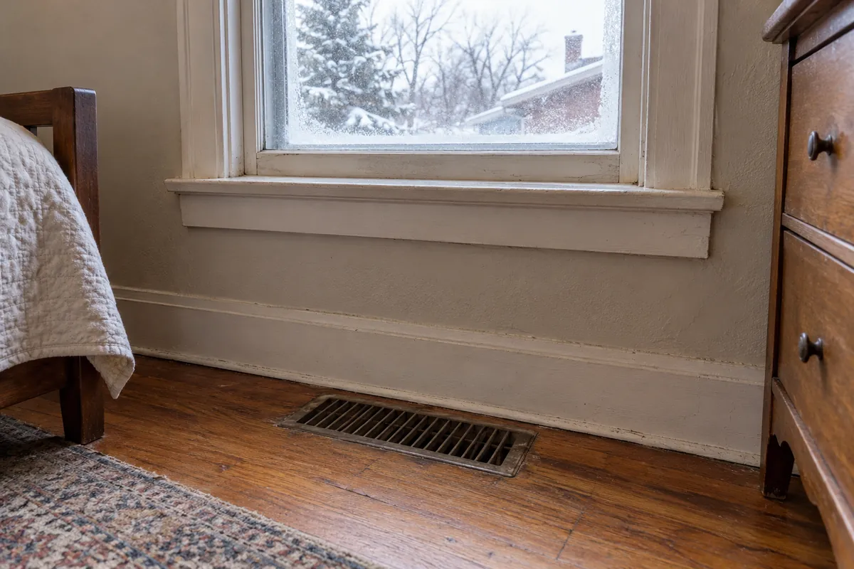 Floor heating register beneath a bedroom window, duct repair and sealing in Memphis, TN