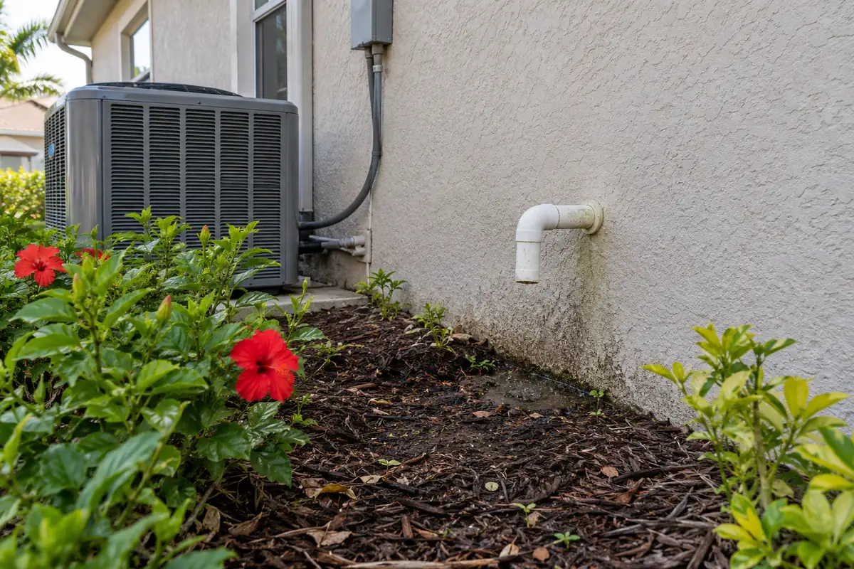 Condenser beside a stucco wall with a white drain line and red hibiscus flowers, emergency and same-day ac repair in Memphis, TN