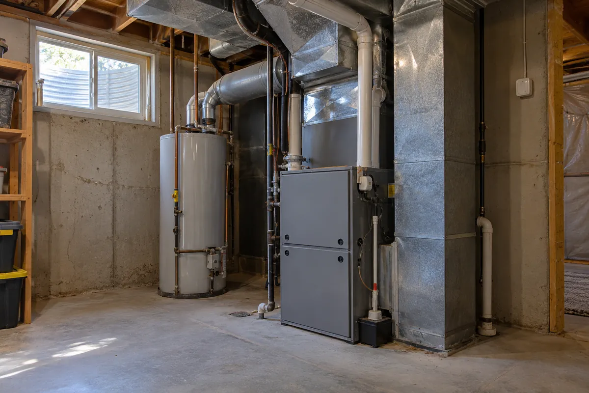 Gas furnace and water heater in a basement utility room, furnace and heating repair in Memphis, TN